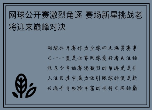 网球公开赛激烈角逐 赛场新星挑战老将迎来巅峰对决