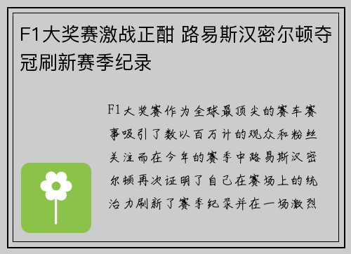 F1大奖赛激战正酣 路易斯汉密尔顿夺冠刷新赛季纪录